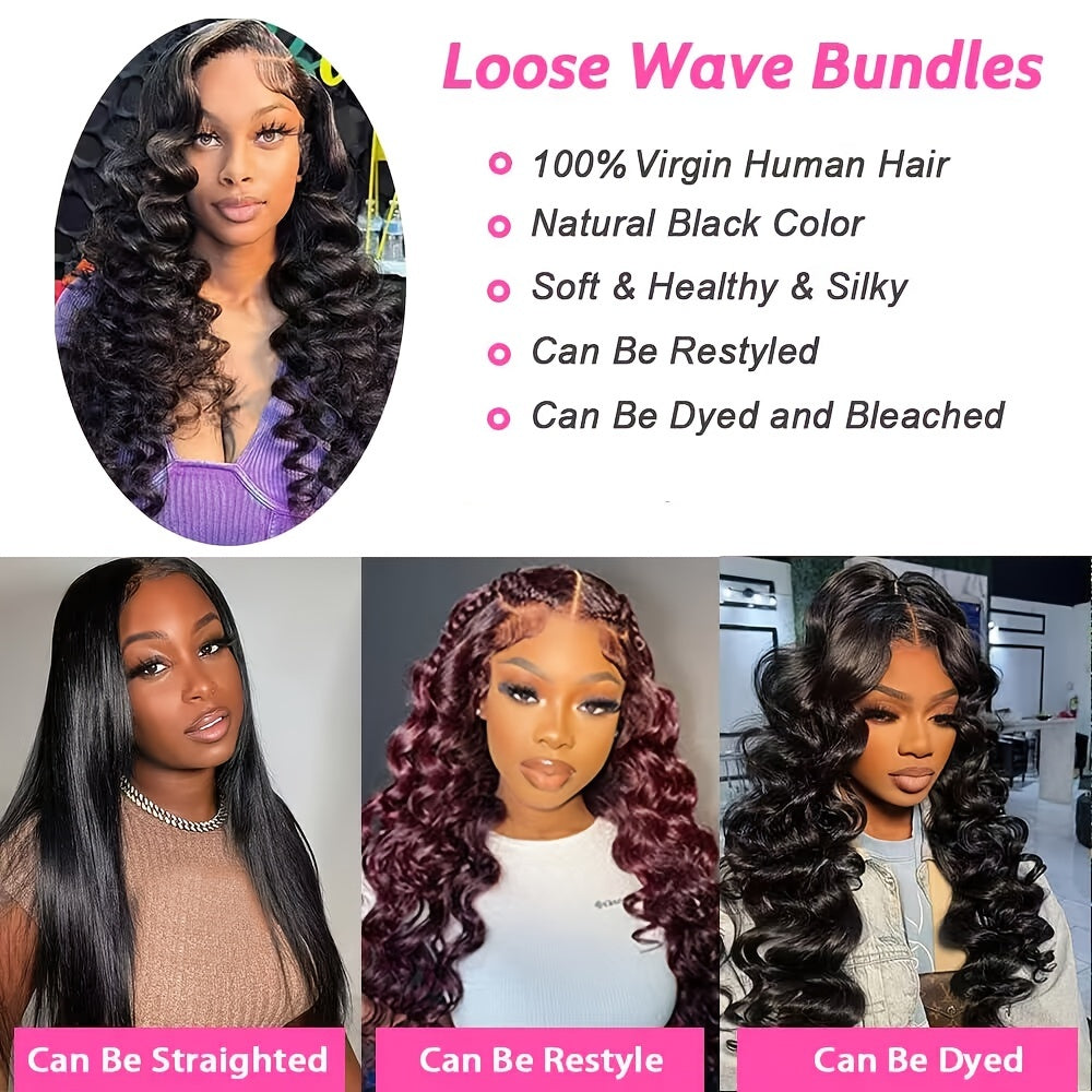 Loose Wave Human Hair Bundles With 4x4 Lace Closure 12A Peruvian Virgin 100% Unprocessed Loose Deep Wavy 4 Bundles 4x4 Lace Closure Natural Black Weave Extensions Transparent HD Ocean Wave